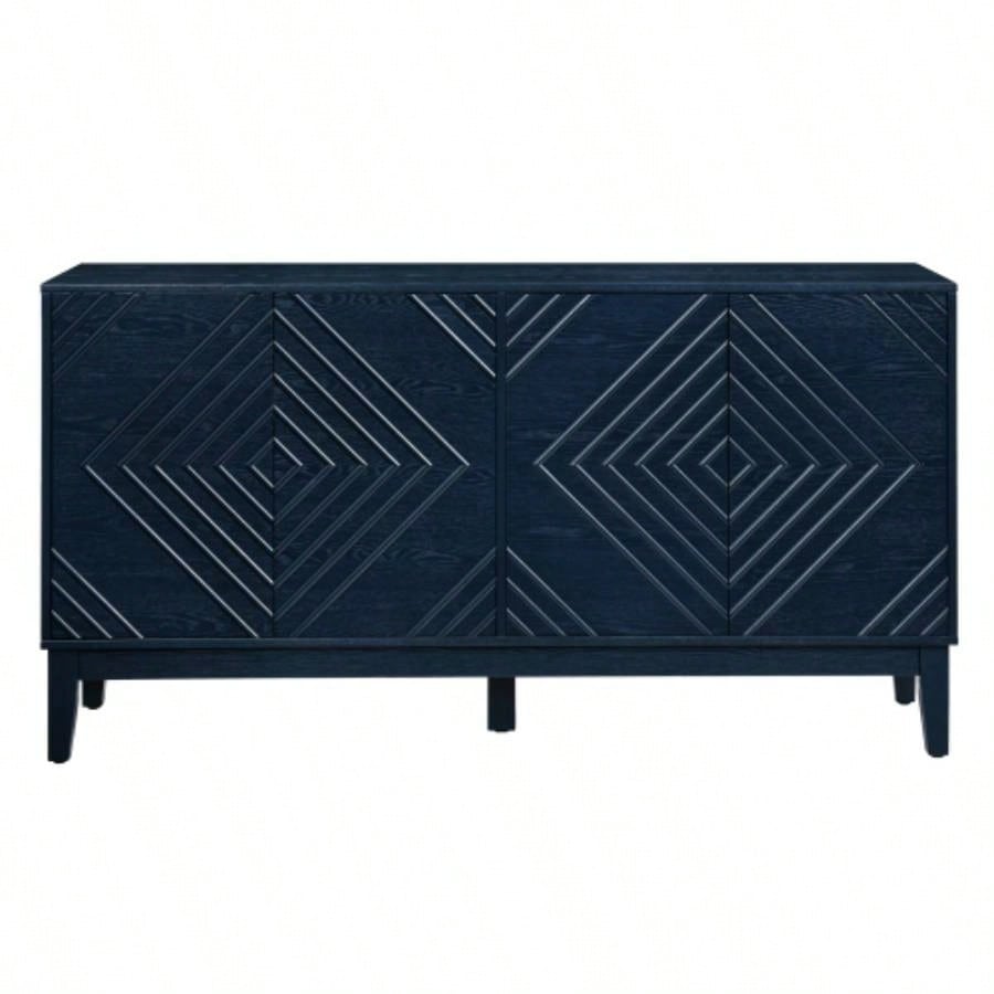 60.5 Buffet Cabinet with Storage, Farmhouse Fluted Sideboard with Geometric Pattern Adjustable Shelves, Mid Modern TV Stand Living Room Kitchen Dining Room Entryway, Blue