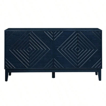 60.5 Buffet Cabinet with Storage, Farmhouse Fluted Sideboard with Geometric Pattern Adjustable Shelves, Mid Modern TV Stand Living Room Kitchen Dining Room Entryway, Blue