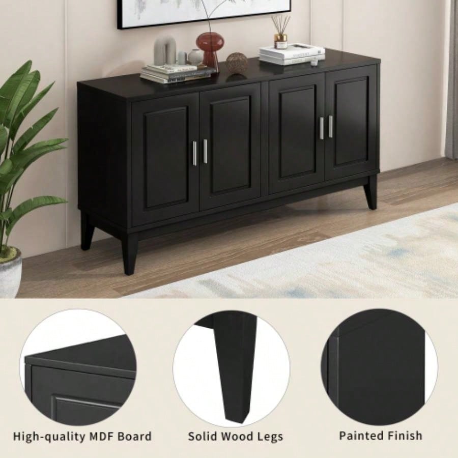 4 - Door Sideboard Storage Cabinet with Door Shelf Living Room and Dining Room, Two Large Cabinets with Adjustable Shelf, Black