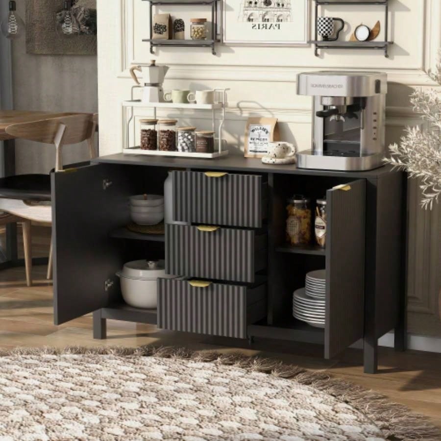 USTYLE Sideboard with Wave Design - 3 Adjustable Shelves, 3 Drawers Soft - Close Doors, Storage Console Table with Metal Handles, Suitable Study, Hallway and Living Room, 3 Colors