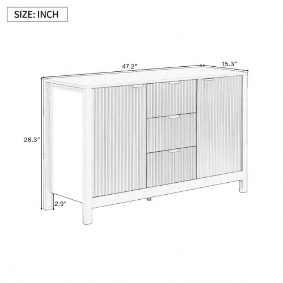 USTYLE Sideboard with Wave Design - 3 Adjustable Shelves, 3 Drawers Soft - Close Doors, Storage Console Table with Metal Handles, Suitable Study, Hallway and Living Room, 3 Colors