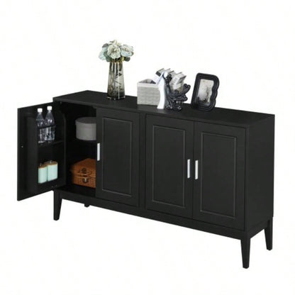 4 - Door Sideboard Storage Cabinet with Door Shelf Living Room and Dining Room, Two Large Cabinets with Adjustable Shelf, Black