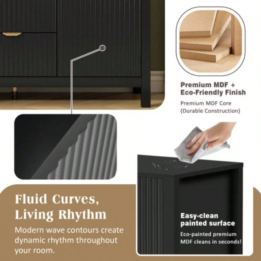 USTYLE Sideboard with Wave Design - 3 Adjustable Shelves, 3 Drawers Soft - Close Doors, Storage Console Table with Metal Handles, Suitable Study, Hallway and Living Room, 3 Colors