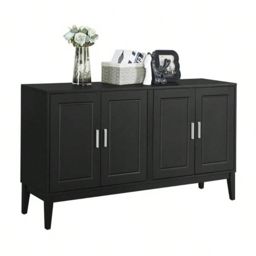 4 - Door Sideboard Storage Cabinet with Door Shelf Living Room and Dining Room, Two Large Cabinets with Adjustable Shelf, Black