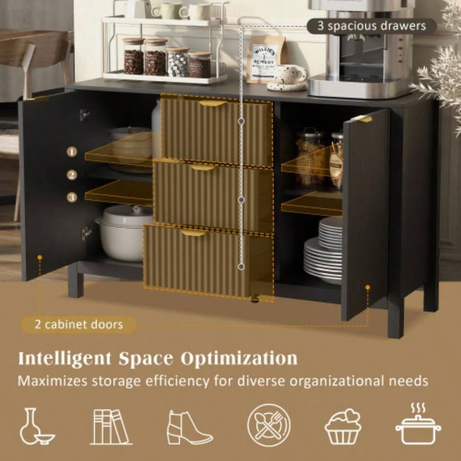 USTYLE Sideboard with Wave Design - 3 Adjustable Shelves, 3 Drawers Soft - Close Doors, Storage Console Table with Metal Handles, Suitable Study, Hallway and Living Room, 3 Colors