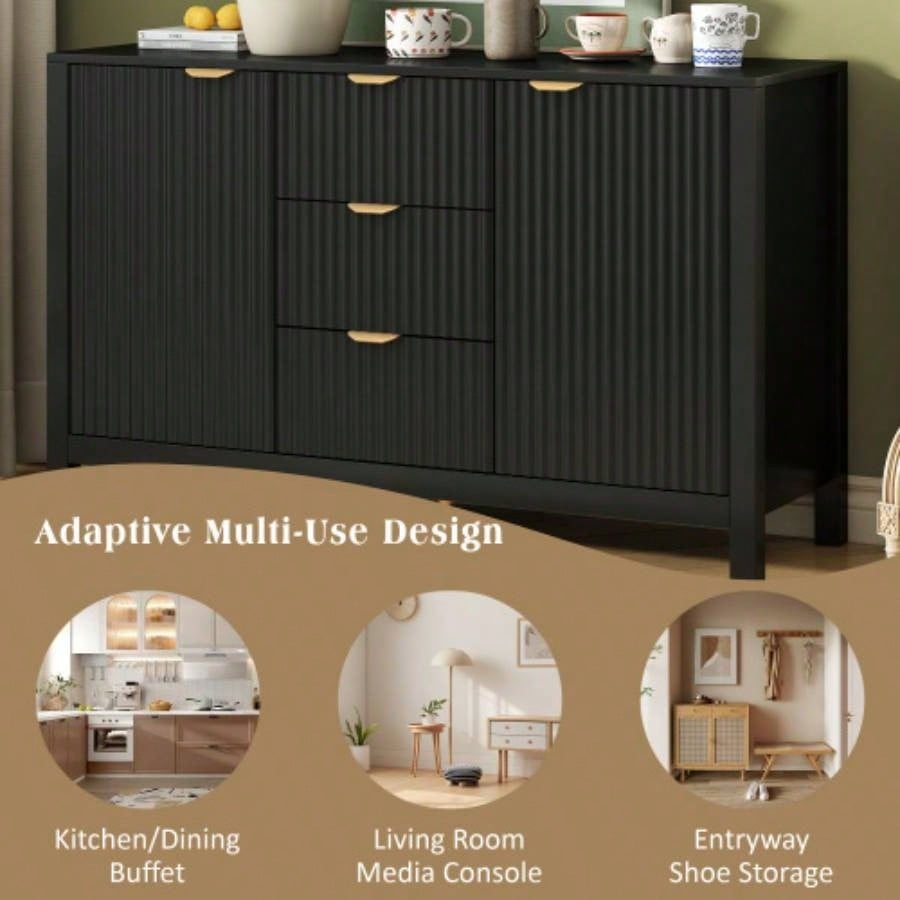 USTYLE Sideboard with Wave Design - 3 Adjustable Shelves, 3 Drawers Soft - Close Doors, Storage Console Table with Metal Handles, Suitable Study, Hallway and Living Room, 3 Colors