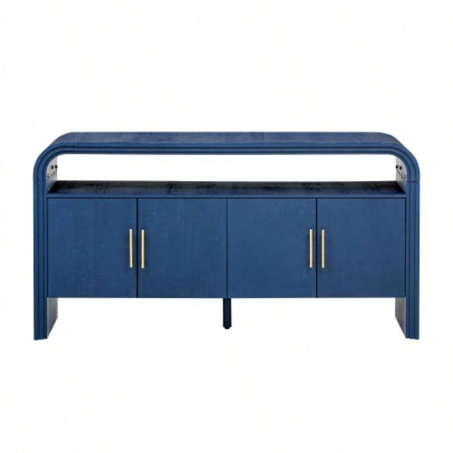 USTYLE 59.8 Retro Minimalist Curved Sideboard with Gold Handles, Multifunctional Storage Buffet Cabinet with 4 Doors, Entryway Console Table with Open Shelf Living Room, Dining Room