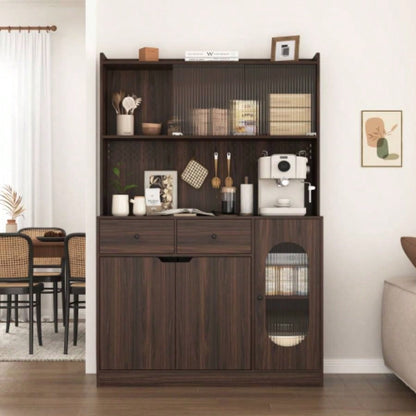 71Tall Kitchen Pantry Storage Cabinet, Large Capacity Display Cabinet with Reeded Glass Doors and Microwave Stand, Bakers Racks with Storage Kitchens, Pantry, Living Room