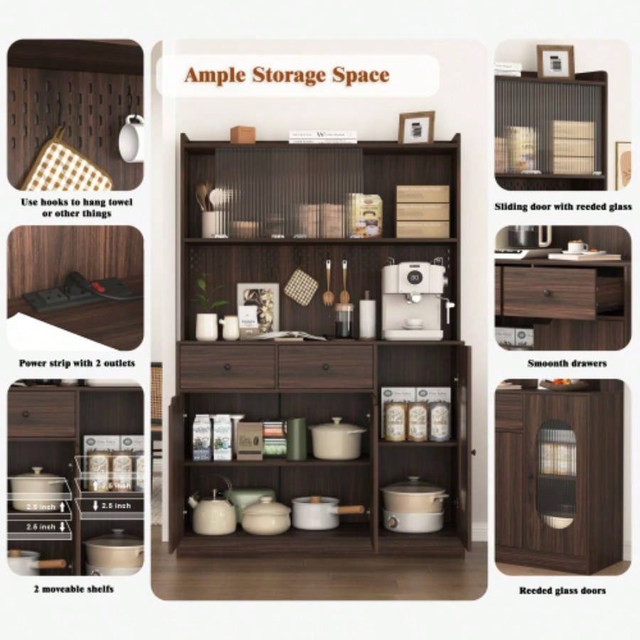 71Tall Kitchen Pantry Storage Cabinet, Large Capacity Display Cabinet with Reeded Glass Doors and Microwave Stand, Bakers Racks with Storage Kitchens, Pantry, Living Room