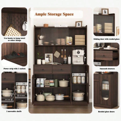 71Tall Kitchen Pantry Storage Cabinet, Large Capacity Display Cabinet with Reeded Glass Doors and Microwave Stand, Bakers Racks with Storage Kitchens, Pantry, Living Room