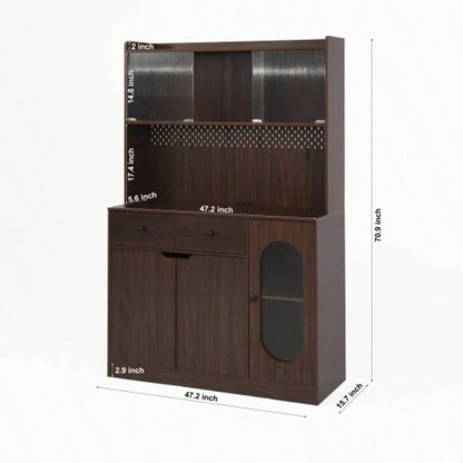 71Tall Kitchen Pantry Storage Cabinet, Large Capacity Display Cabinet with Reeded Glass Doors and Microwave Stand, Bakers Racks with Storage Kitchens, Pantry, Living Room