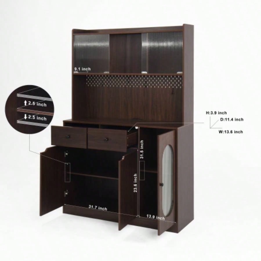 71Tall Kitchen Pantry Storage Cabinet, Large Capacity Display Cabinet with Reeded Glass Doors and Microwave Stand, Bakers Racks with Storage Kitchens, Pantry, Living Room