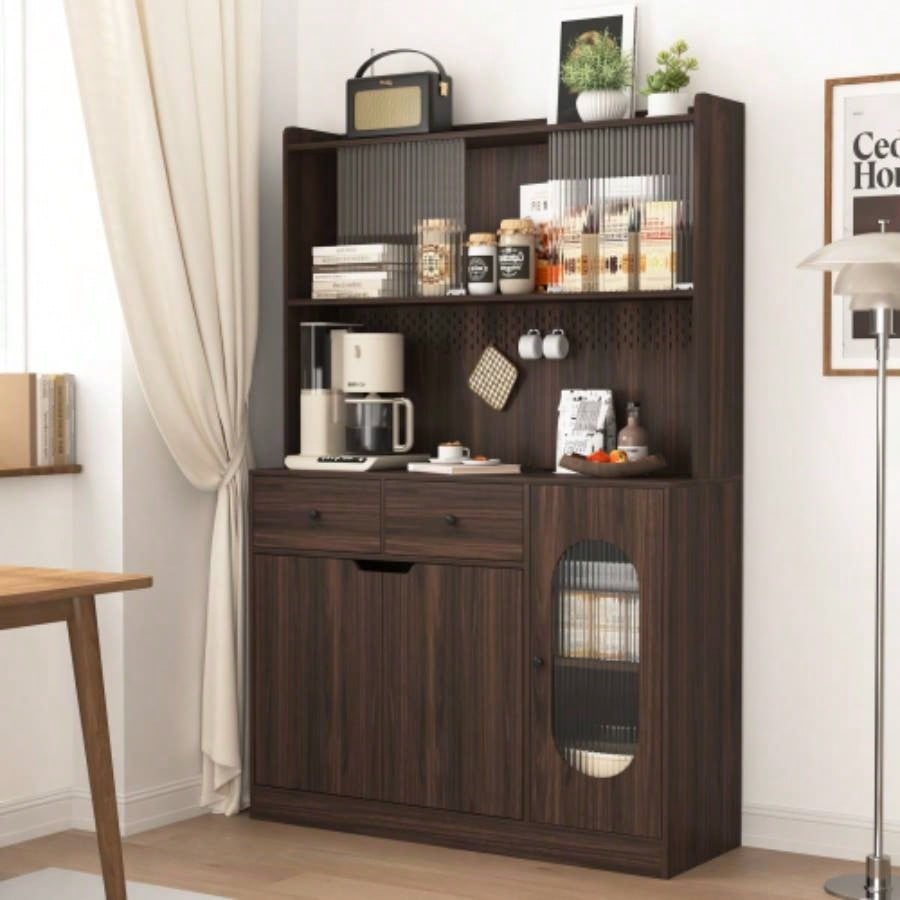 71Tall Kitchen Pantry Storage Cabinet, Large Capacity Display Cabinet with Reeded Glass Doors and Microwave Stand, Bakers Racks with Storage Kitchens, Pantry, Living Room