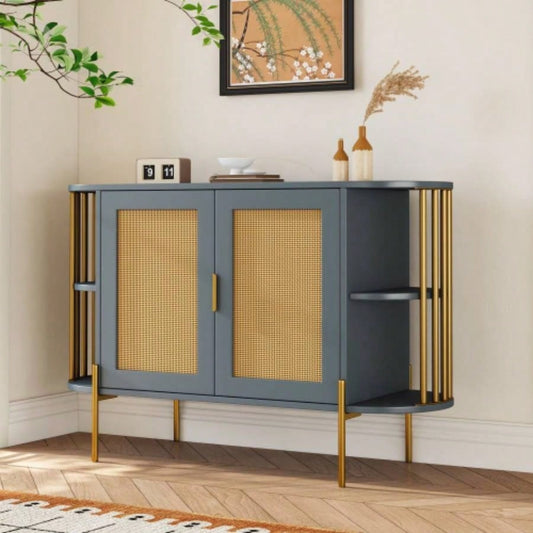 TREXM 2 - Door Elegant Curved Dining Cabinet with Gold Trim and Woven Rattan Doors Dining Room Dark Gray