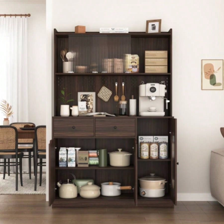 71Tall Kitchen Pantry Storage Cabinet, Large Capacity Display Cabinet with Reeded Glass Doors and Microwave Stand, Bakers Racks with Storage Kitchens, Pantry, Living Room