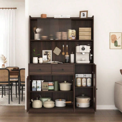 71Tall Kitchen Pantry Storage Cabinet, Large Capacity Display Cabinet with Reeded Glass Doors and Microwave Stand, Bakers Racks with Storage Kitchens, Pantry, Living Room