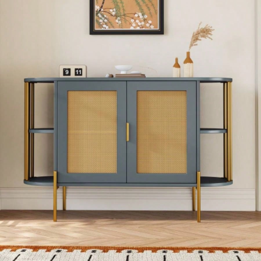 TREXM 2 - Door Elegant Curved Dining Cabinet with Gold Trim and Woven Rattan Doors Dining Room Dark Gray