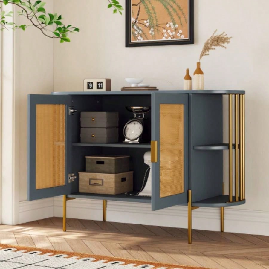TREXM 2 - Door Elegant Curved Dining Cabinet with Gold Trim and Woven Rattan Doors Dining Room Dark Gray