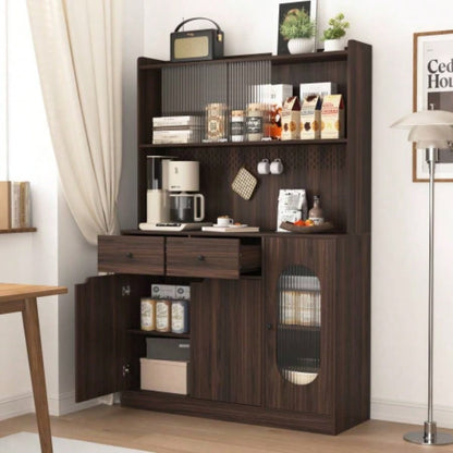 71Tall Kitchen Pantry Storage Cabinet, Large Capacity Display Cabinet with Reeded Glass Doors and Microwave Stand, Bakers Racks with Storage Kitchens, Pantry, Living Room