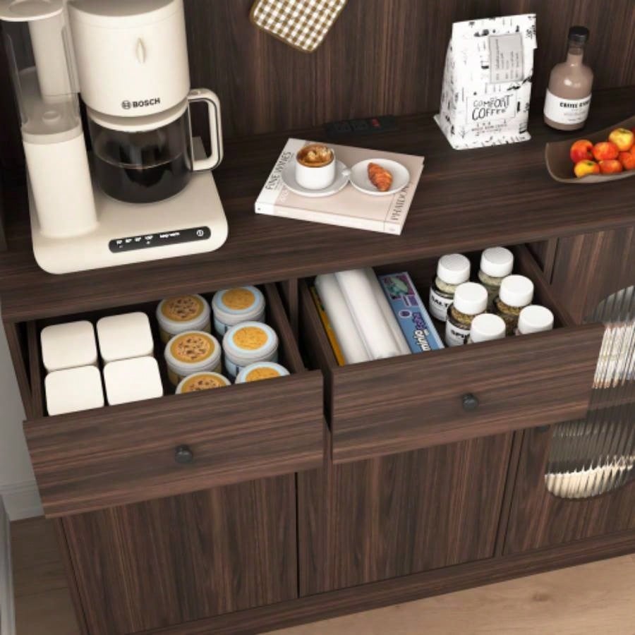 71Tall Kitchen Pantry Storage Cabinet, Large Capacity Display Cabinet with Reeded Glass Doors and Microwave Stand, Bakers Racks with Storage Kitchens, Pantry, Living Room