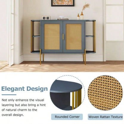 TREXM 2 - Door Elegant Curved Dining Cabinet with Gold Trim and Woven Rattan Doors Dining Room Dark Gray