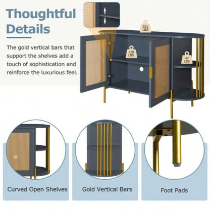 TREXM 2 - Door Elegant Curved Dining Cabinet with Gold Trim and Woven Rattan Doors Dining Room Dark Gray