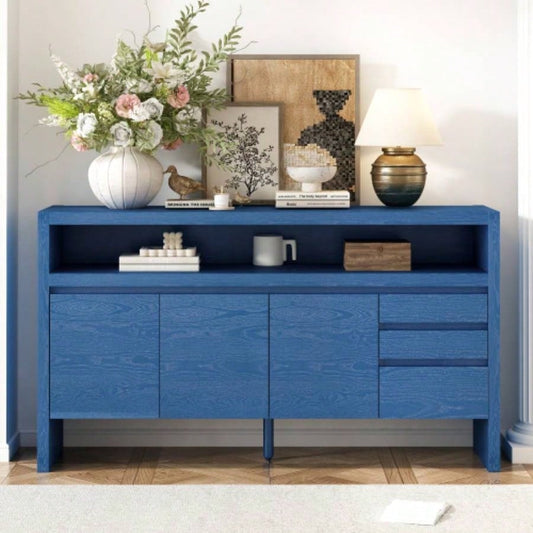 UStyle 60 3 - Door Sideboard with 3 Drawers - Modern Solid Ash Veneer MDF Sideboard, Semi - Open Shelf Center Semi - Circular Cutout in Back Panel, Large Storage Cabinet Living Room, Hallway, Dining