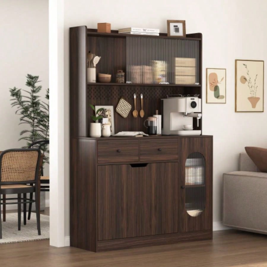 71Tall Kitchen Pantry Storage Cabinet, Large Capacity Display Cabinet with Reeded Glass Doors and Microwave Stand, Bakers Racks with Storage Kitchens, Pantry, Living Room