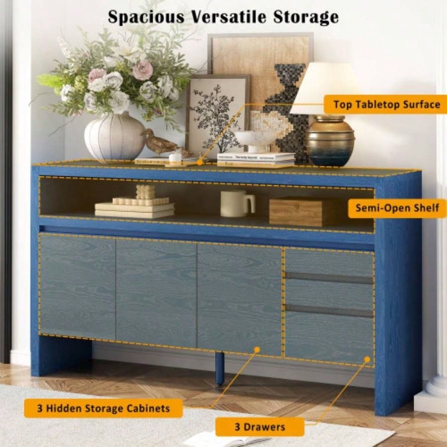 UStyle 60 3 - Door Sideboard with 3 Drawers - Modern Solid Ash Veneer MDF Sideboard, Semi - Open Shelf Center Semi - Circular Cutout in Back Panel, Large Storage Cabinet Living Room, Hallway, Dining