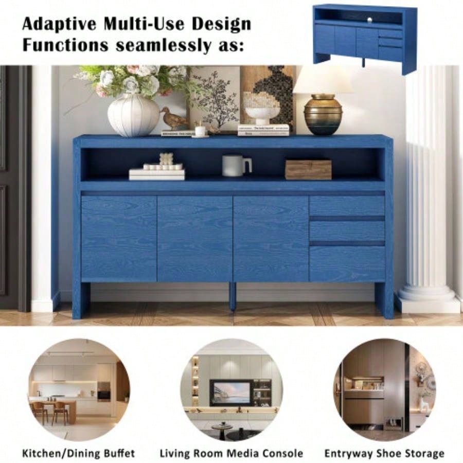 UStyle 60 3 - Door Sideboard with 3 Drawers - Modern Solid Ash Veneer MDF Sideboard, Semi - Open Shelf Center Semi - Circular Cutout in Back Panel, Large Storage Cabinet Living Room, Hallway, Dining