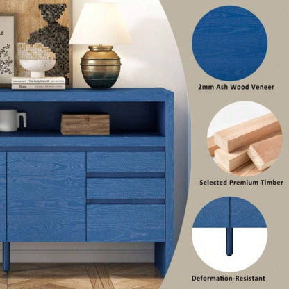 UStyle 60 3 - Door Sideboard with 3 Drawers - Modern Solid Ash Veneer MDF Sideboard, Semi - Open Shelf Center Semi - Circular Cutout in Back Panel, Large Storage Cabinet Living Room, Hallway, Dining