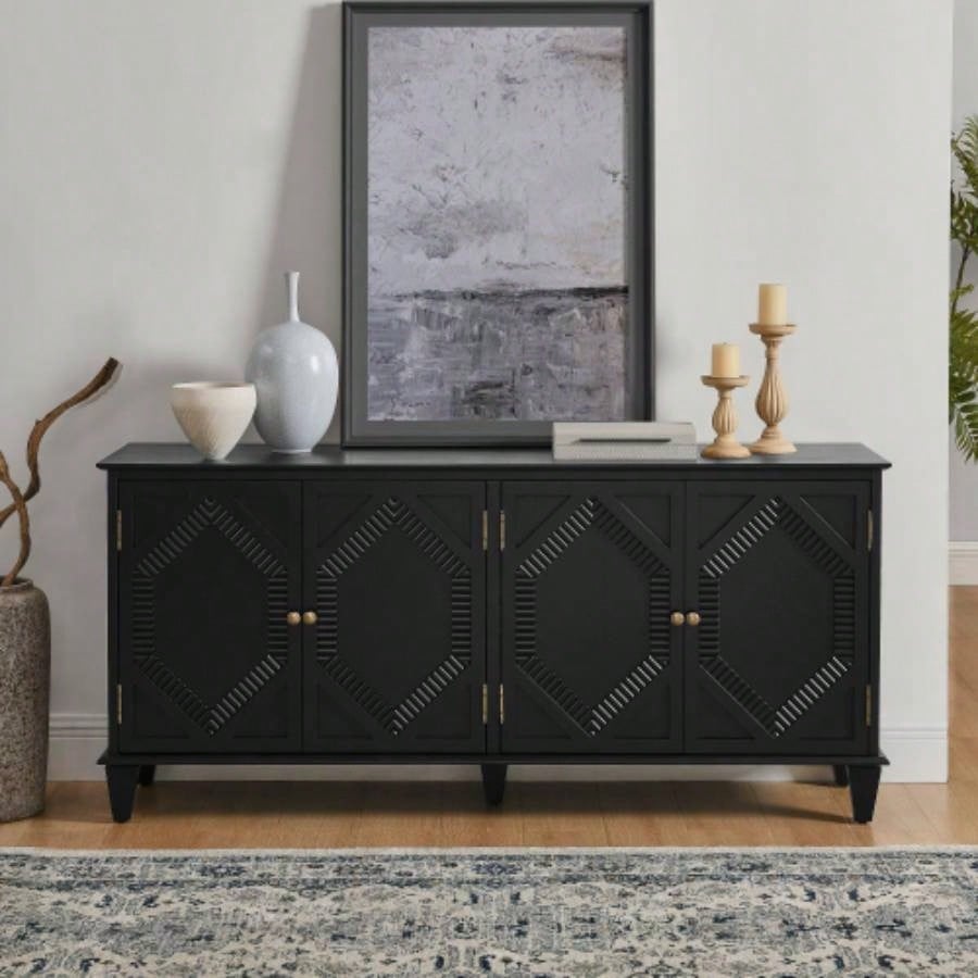 65.2 Mid Modern Sideboard Buffet Cabinet with Storage, Symmetrical Geometric Accent Coffee Bar Wine Bar Storage Cabinet, Large Console Table Living Room/Entryway/Kitchen, Black