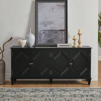 65.2 Mid Modern Sideboard Buffet Cabinet with Storage, Symmetrical Geometric Accent Coffee Bar Wine Bar Storage Cabinet, Large Console Table Living Room/Entryway/Kitchen, Black