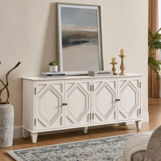 65.2 Mid Modern Sideboard Buffet Cabinet with Storage, Symmetrical Geometric Accent Coffee Bar Wine Bar Storage Cabinet, Large Console Table Living Room/Entryway/Kitchen, Antique White