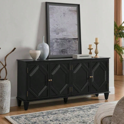 65.2 Mid Modern Sideboard Buffet Cabinet with Storage, Symmetrical Geometric Accent Coffee Bar Wine Bar Storage Cabinet, Large Console Table Living Room/Entryway/Kitchen, Black