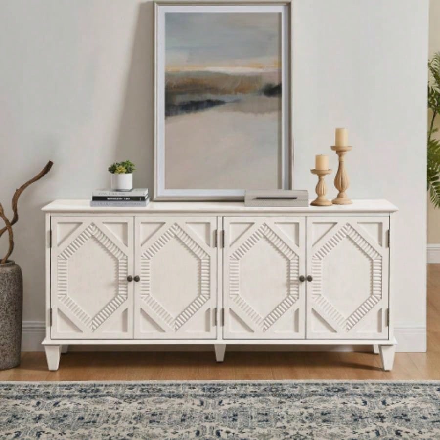 65.2 Mid Modern Sideboard Buffet Cabinet with Storage, Symmetrical Geometric Accent Coffee Bar Wine Bar Storage Cabinet, Large Console Table Living Room/Entryway/Kitchen, Antique White