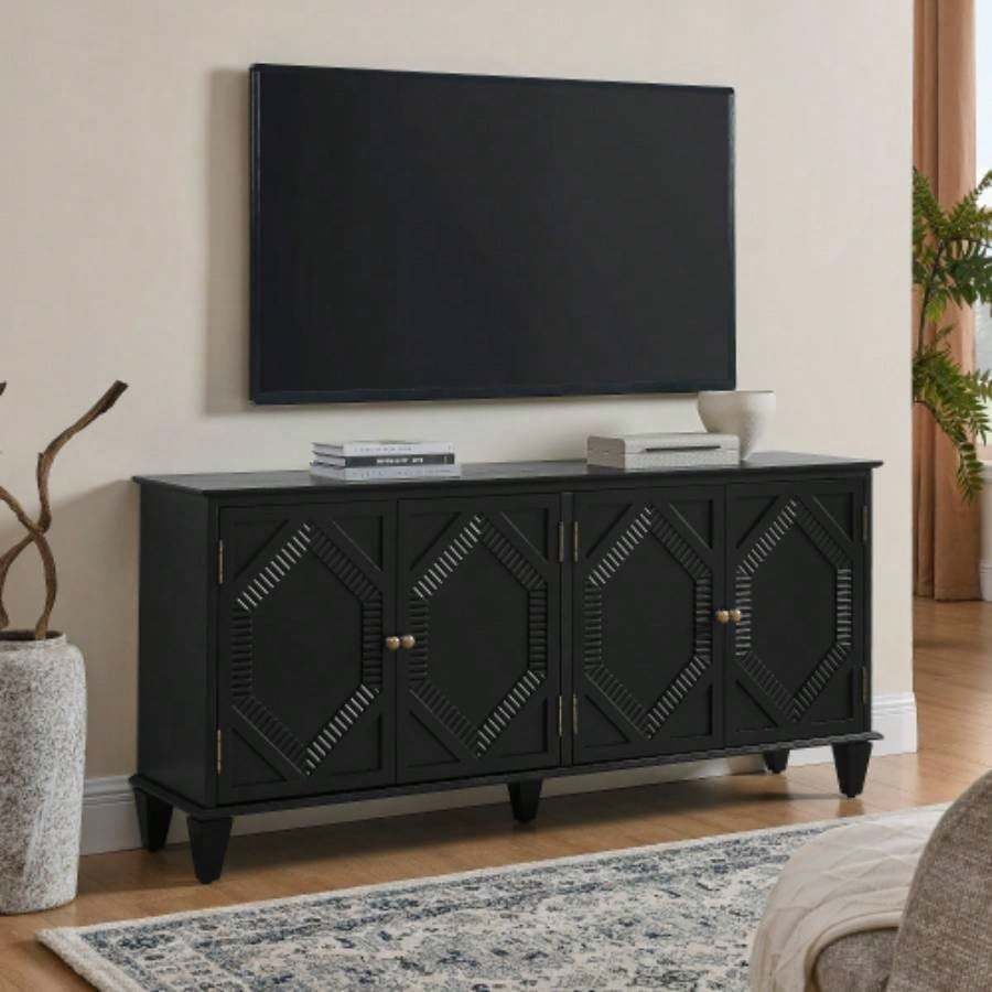 65.2 Mid Modern Sideboard Buffet Cabinet with Storage, Symmetrical Geometric Accent Coffee Bar Wine Bar Storage Cabinet, Large Console Table Living Room/Entryway/Kitchen, Black