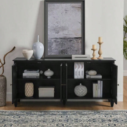 65.2 Mid Modern Sideboard Buffet Cabinet with Storage, Symmetrical Geometric Accent Coffee Bar Wine Bar Storage Cabinet, Large Console Table Living Room/Entryway/Kitchen, Black