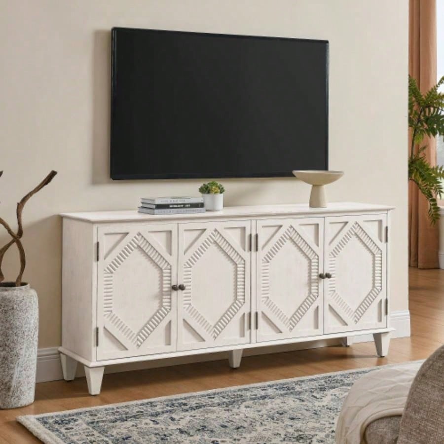 65.2 Mid Modern Sideboard Buffet Cabinet with Storage, Symmetrical Geometric Accent Coffee Bar Wine Bar Storage Cabinet, Large Console Table Living Room/Entryway/Kitchen, Antique White