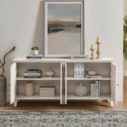 65.2 Mid Modern Sideboard Buffet Cabinet with Storage, Symmetrical Geometric Accent Coffee Bar Wine Bar Storage Cabinet, Large Console Table Living Room/Entryway/Kitchen, Antique White