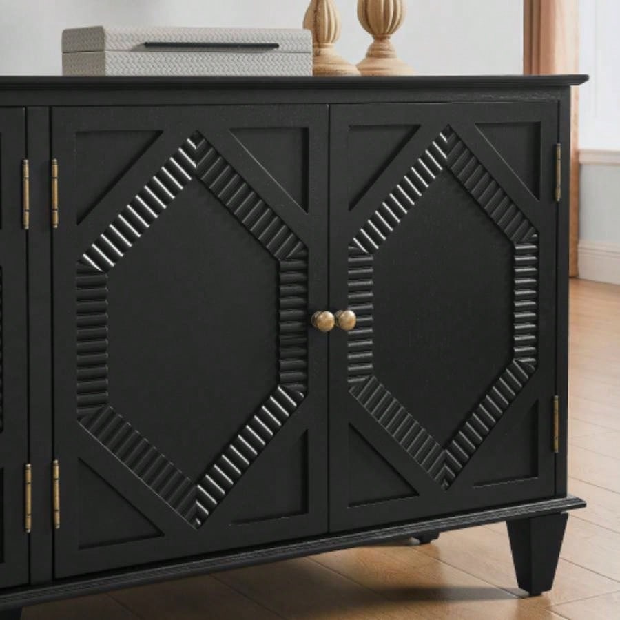 65.2 Mid Modern Sideboard Buffet Cabinet with Storage, Symmetrical Geometric Accent Coffee Bar Wine Bar Storage Cabinet, Large Console Table Living Room/Entryway/Kitchen, Black