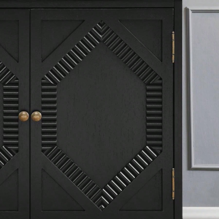 65.2 Mid Modern Sideboard Buffet Cabinet with Storage, Symmetrical Geometric Accent Coffee Bar Wine Bar Storage Cabinet, Large Console Table Living Room/Entryway/Kitchen, Black