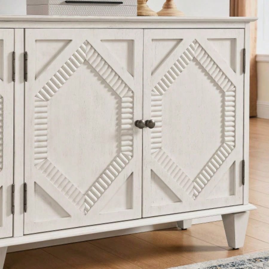 65.2 Mid Modern Sideboard Buffet Cabinet with Storage, Symmetrical Geometric Accent Coffee Bar Wine Bar Storage Cabinet, Large Console Table Living Room/Entryway/Kitchen, Antique White