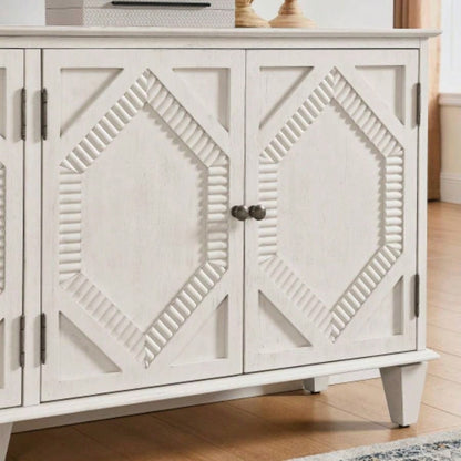 65.2 Mid Modern Sideboard Buffet Cabinet with Storage, Symmetrical Geometric Accent Coffee Bar Wine Bar Storage Cabinet, Large Console Table Living Room/Entryway/Kitchen, Antique White