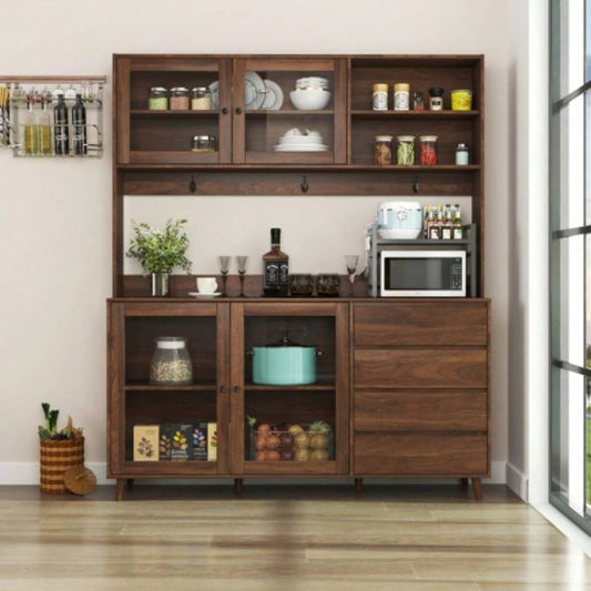 63 Large Kitchen Hutch Cabinet, Freestanding Pantry Cabinets Storage Kitchen Cupboard with 4 Doors, 4 Drawers Microwave Shelf, Walnut