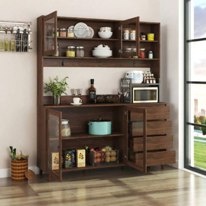 63 Large Kitchen Hutch Cabinet, Freestanding Pantry Cabinets Storage Kitchen Cupboard with 4 Doors, 4 Drawers Microwave Shelf, Walnut