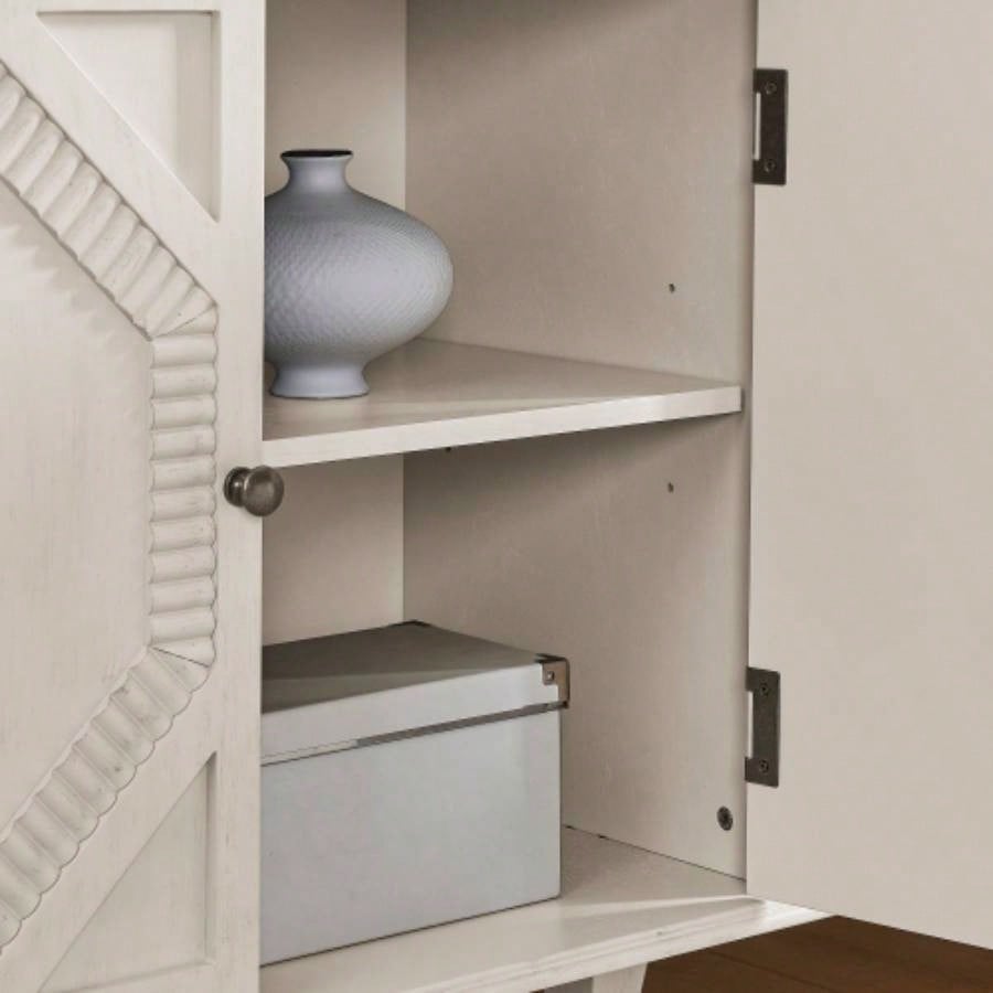 65.2 Mid Modern Sideboard Buffet Cabinet with Storage, Symmetrical Geometric Accent Coffee Bar Wine Bar Storage Cabinet, Large Console Table Living Room/Entryway/Kitchen, Antique White