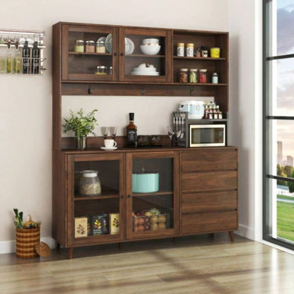 63 Large Kitchen Hutch Cabinet, Freestanding Pantry Cabinets Storage Kitchen Cupboard with 4 Doors, 4 Drawers Microwave Shelf, Walnut