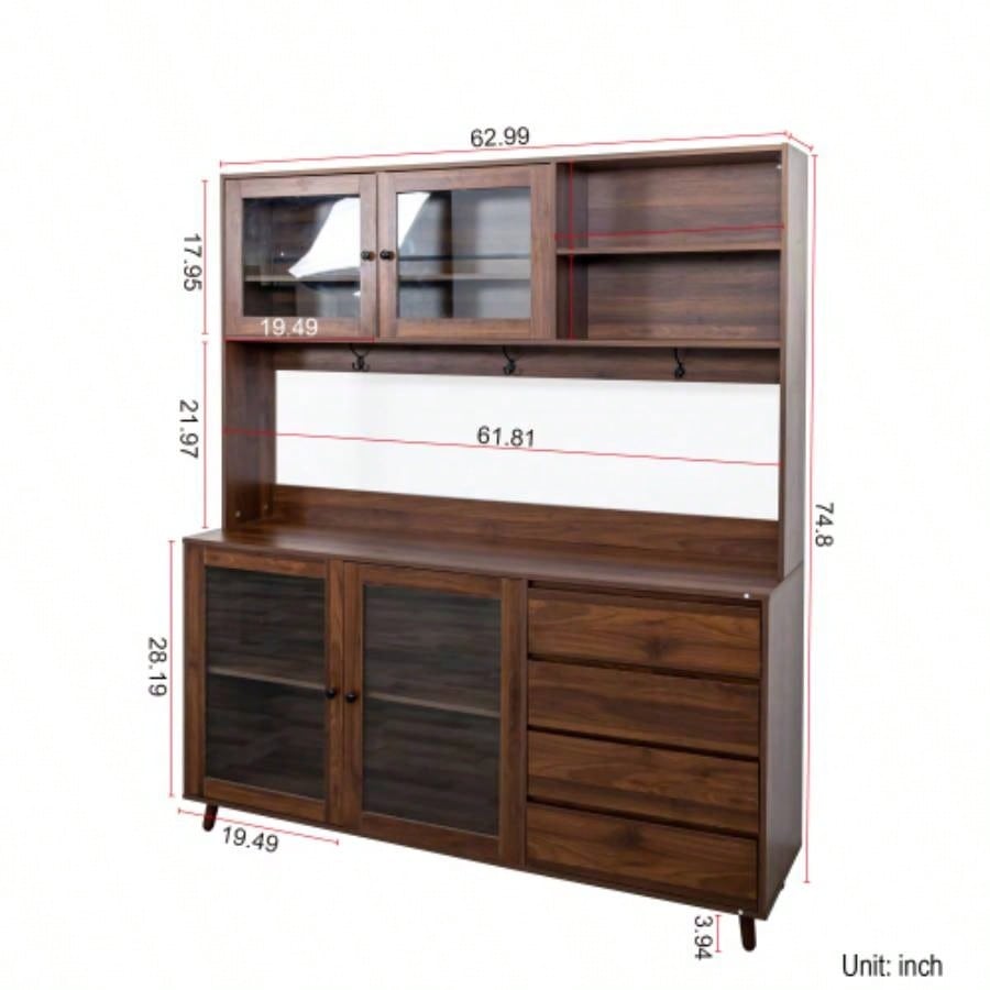 63 Large Kitchen Hutch Cabinet, Freestanding Pantry Cabinets Storage Kitchen Cupboard with 4 Doors, 4 Drawers Microwave Shelf, Walnut