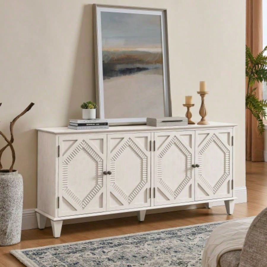65.2 Mid Modern Sideboard Buffet Cabinet with Storage, Symmetrical Geometric Accent Coffee Bar Wine Bar Storage Cabinet, Large Console Table Living Room/Entryway/Kitchen, Antique White